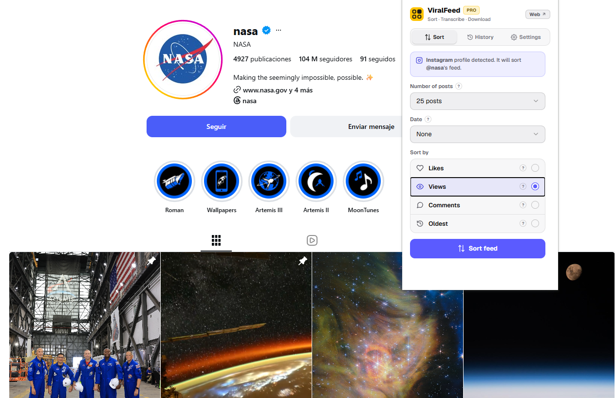The ViralFeed popup open over an Instagram profile, with the sorting form visible.